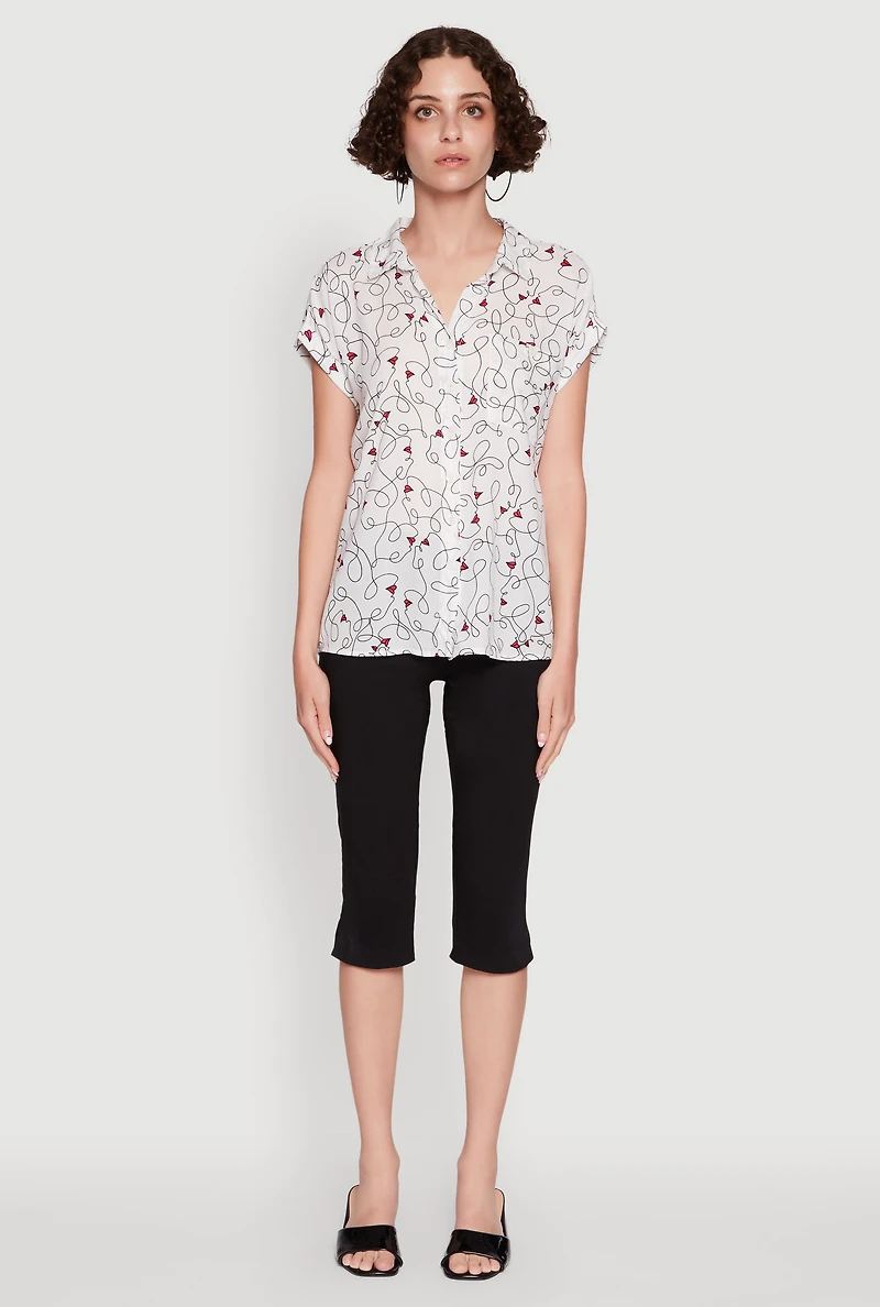 Womens Trendy Classic Fit Abstract Face Print Shirt, White, Size M