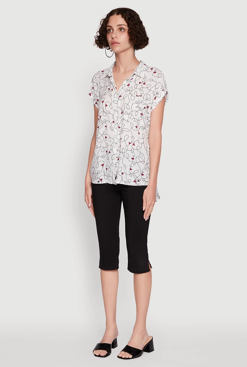 Womens Trendy Classic Fit Abstract Face Print Shirt, White, Size M