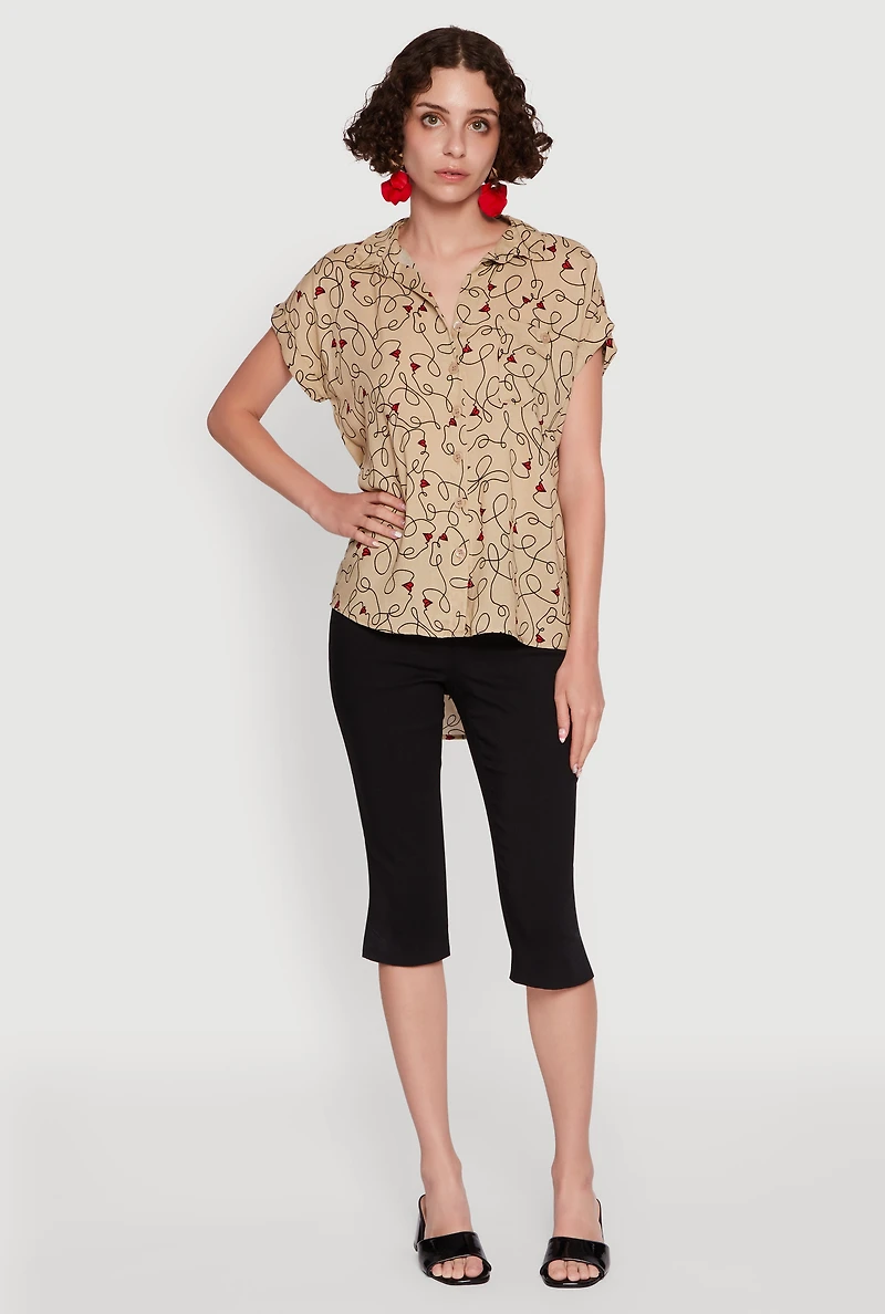 Womens Trendy Classic Fit Abstract Face Print Shirt, Beige, Size XL