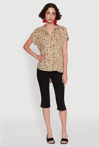Womens Trendy Classic Fit Abstract Face Print Shirt, Beige, Size XL
