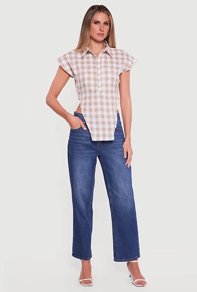 Gingham Cap Sleeve Open Tie Back Tunic Top