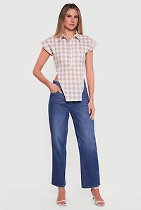 Gingham Cap Sleeve Open Tie Back Tunic Top