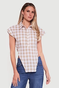 Gingham Cap Sleeve Open Tie Back Tunic Top