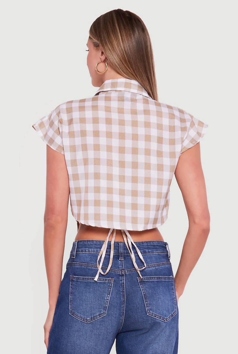 Gingham Cap Sleeve Open Tie Back Tunic Top