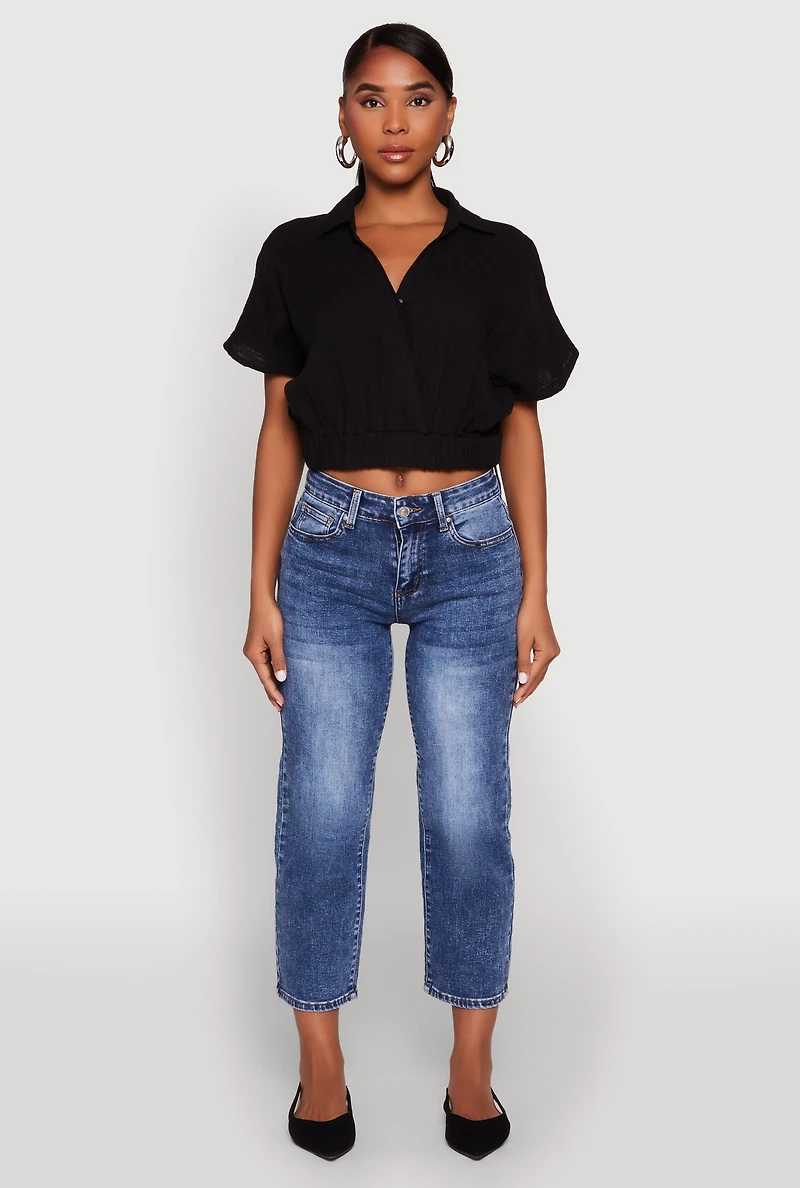 Faux Wrap Cropped Elastic Hem Blouse
