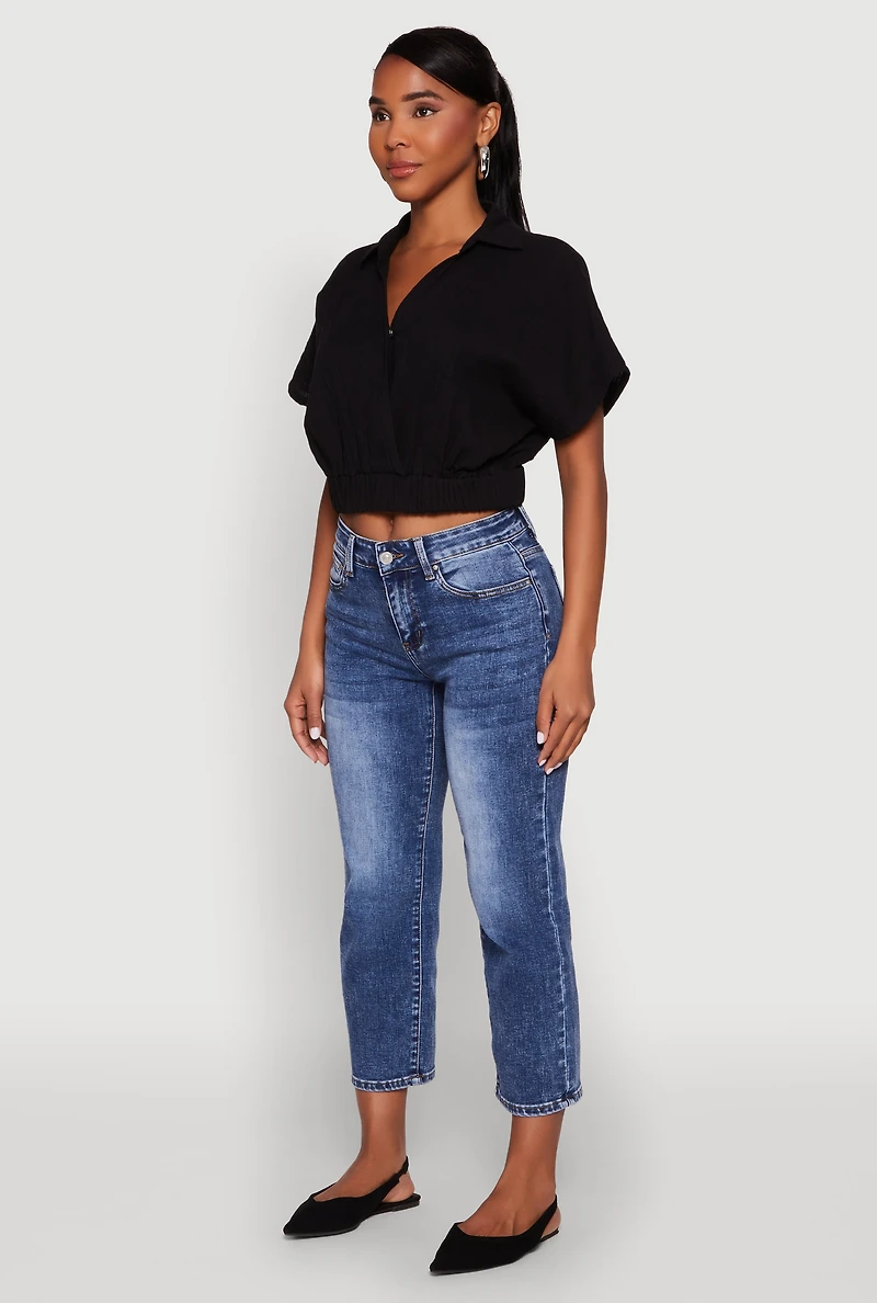 Faux Wrap Cropped Elastic Hem Blouse