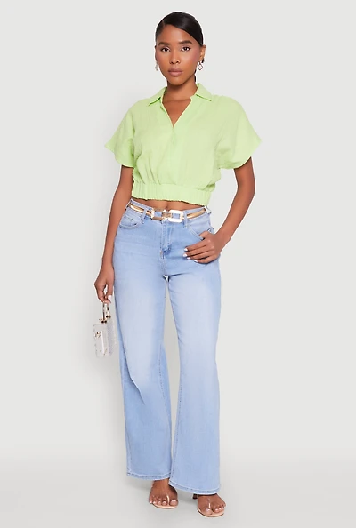 Womens Faux Wrap Cropped Elastic Hem Blouse,