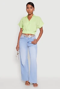 Womens Faux Wrap Cropped Elastic Hem Blouse,