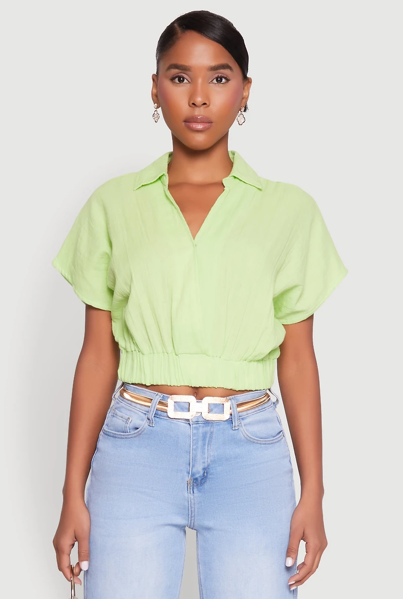 Womens Faux Wrap Cropped Elastic Hem Blouse,