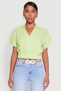 Womens Faux Wrap Cropped Elastic Hem Blouse,