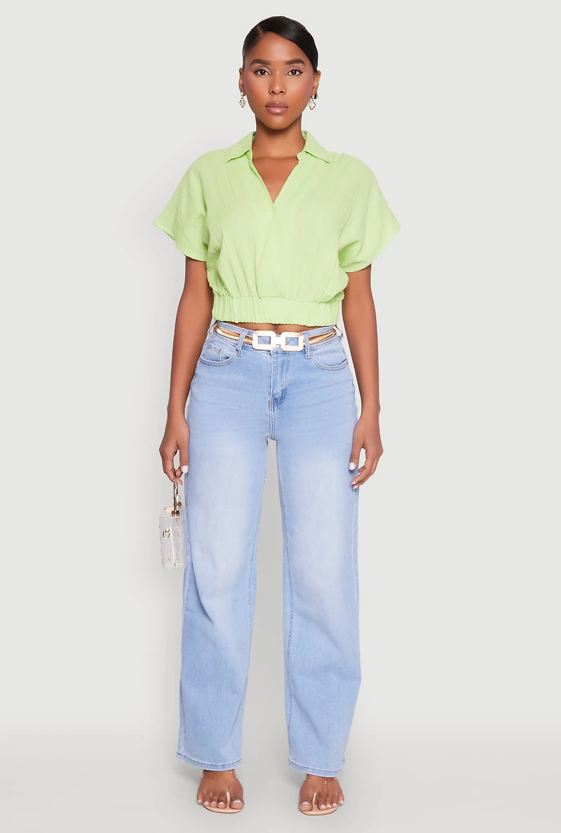 Womens Faux Wrap Cropped Elastic Hem Blouse,