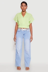 Womens Faux Wrap Cropped Elastic Hem Blouse,