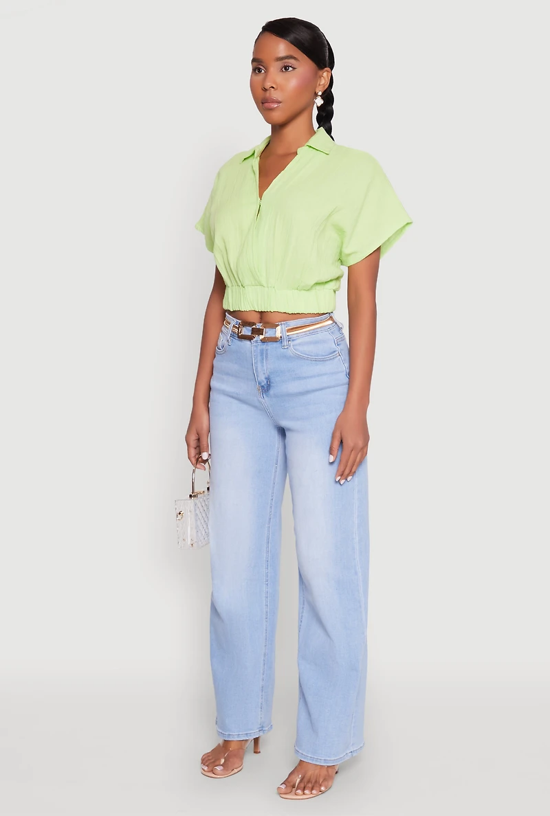 Womens Faux Wrap Cropped Elastic Hem Blouse,