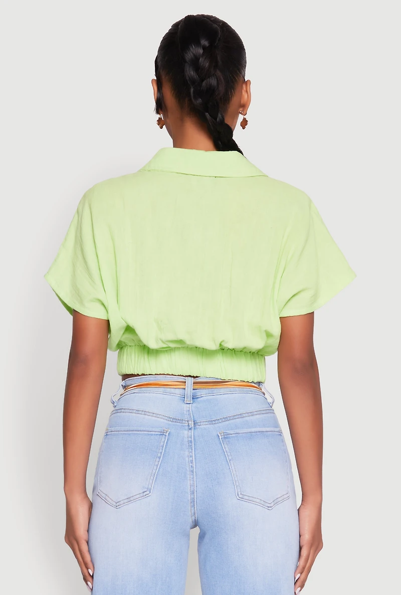 Womens Faux Wrap Cropped Elastic Hem Blouse,