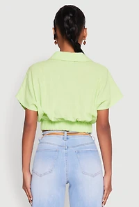Womens Faux Wrap Cropped Elastic Hem Blouse,