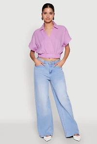 Womens Faux Wrap Cropped Elastic Hem Blouse, Purple, Size M