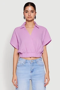 Womens Faux Wrap Cropped Elastic Hem Blouse, Purple, Size M