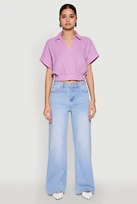 Womens Faux Wrap Cropped Elastic Hem Blouse, Purple, Size M