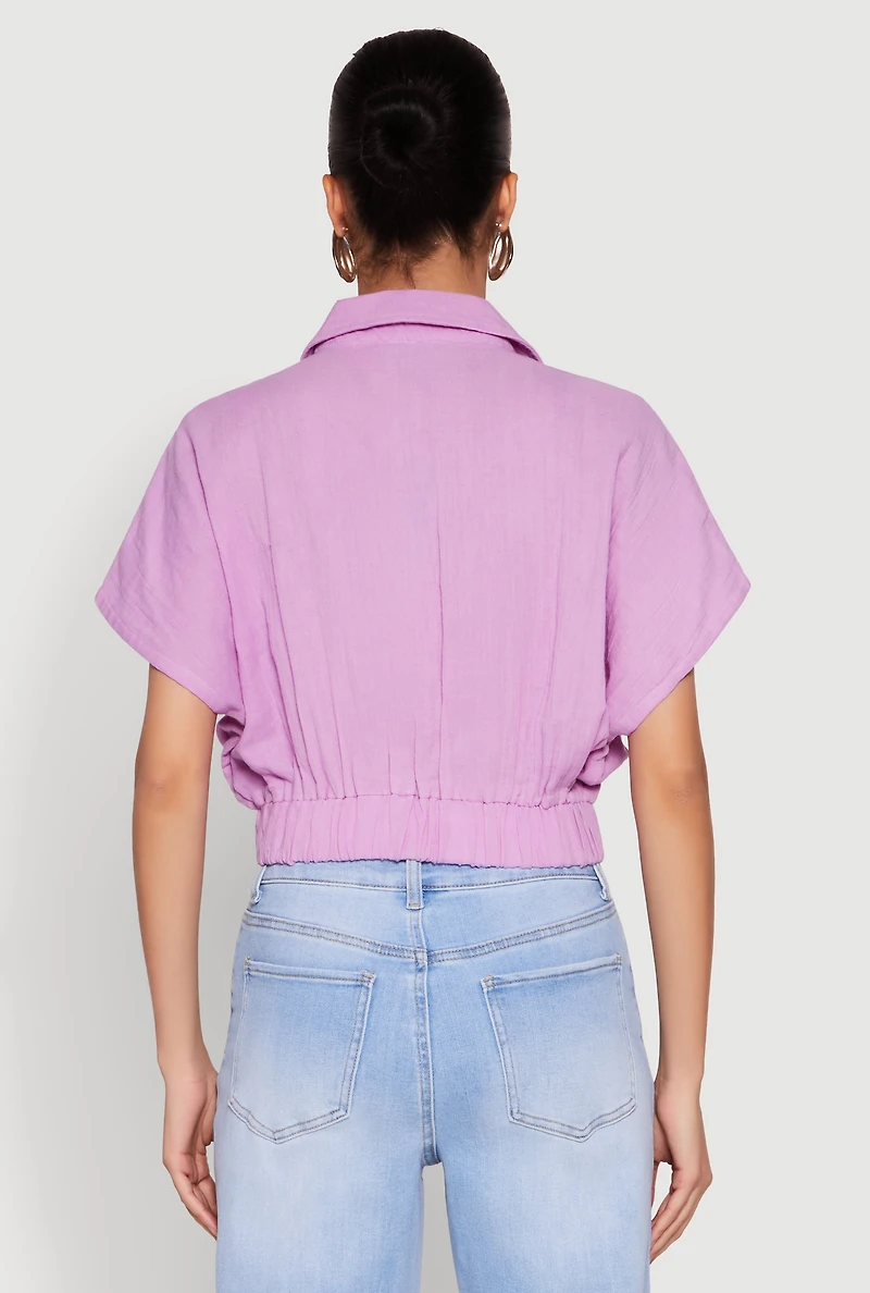Womens Faux Wrap Cropped Elastic Hem Blouse, Purple, Size M