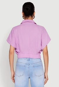 Womens Faux Wrap Cropped Elastic Hem Blouse, Purple, Size M