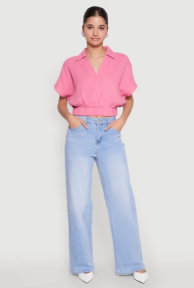 Womens Faux Wrap Cropped Elastic Hem Blouse,