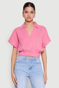 Womens Faux Wrap Cropped Elastic Hem Blouse, Pink, Size L