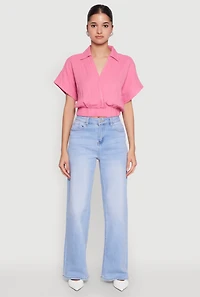 Womens Faux Wrap Cropped Elastic Hem Blouse, Pink, Size L