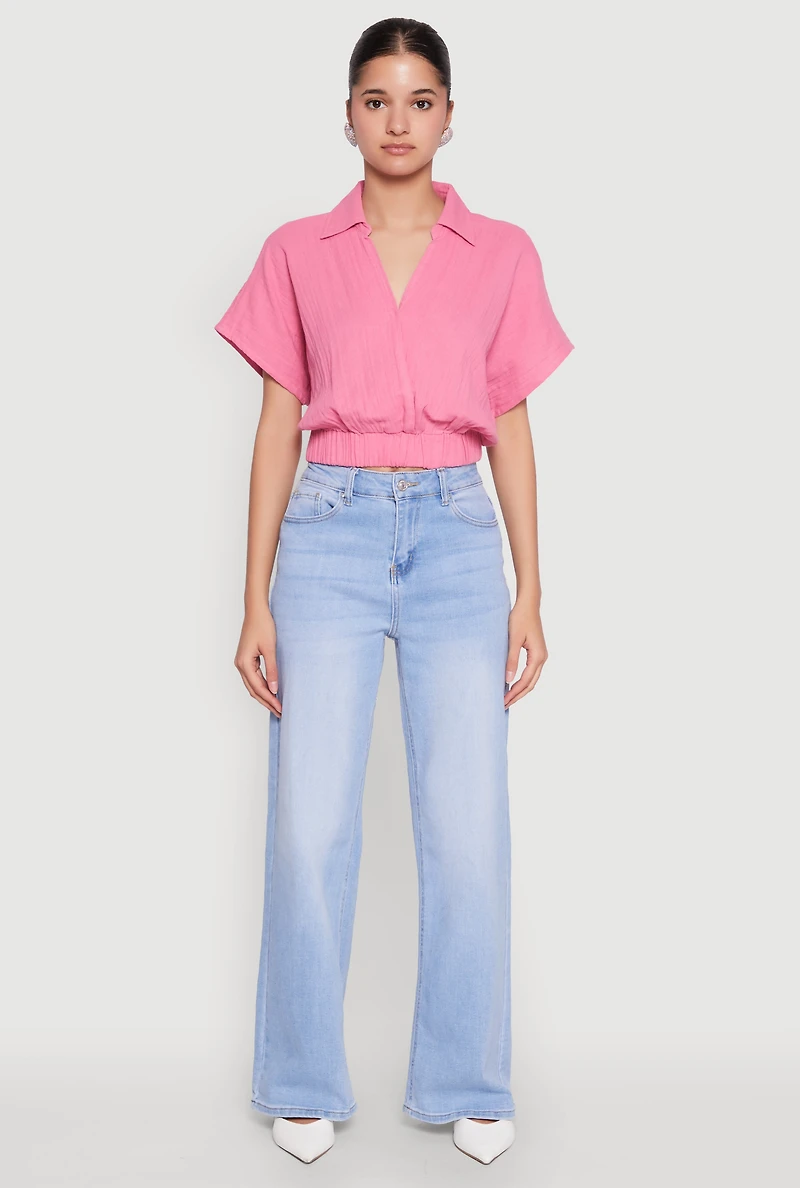 Womens Faux Wrap Cropped Elastic Hem Blouse, Pink,