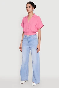 Womens Faux Wrap Cropped Elastic Hem Blouse, Pink, Size L