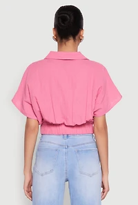 Womens Faux Wrap Cropped Elastic Hem Blouse, Pink,