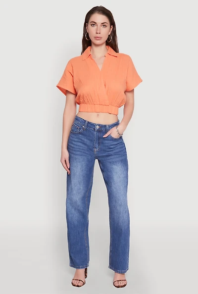 Womens Faux Wrap Cropped Elastic Hem Blouse,