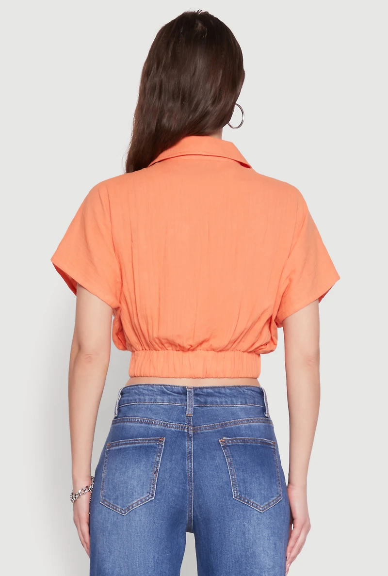 Faux Wrap Cropped Elastic Hem Blouse