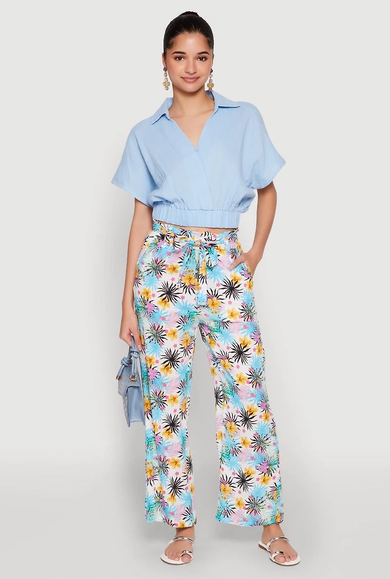 Faux Wrap Cropped Elastic Hem Blouse