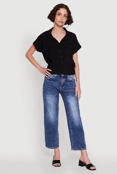 Womens Trendy Button Front Smocked Waist Blouse,