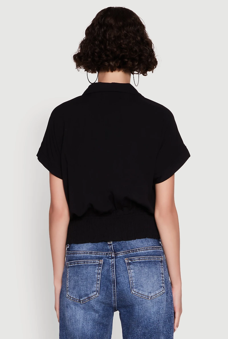 Womens Trendy Button Front Smocked Waist Blouse,