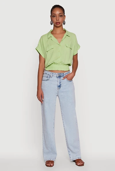 Womens Trendy Button Front Smocked Waist Blouse,