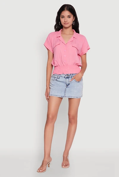 Womens Trendy Button Front Smocked Waist Blouse,