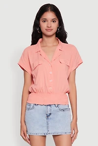 Trendy Button Front Smocked Waist Blouse