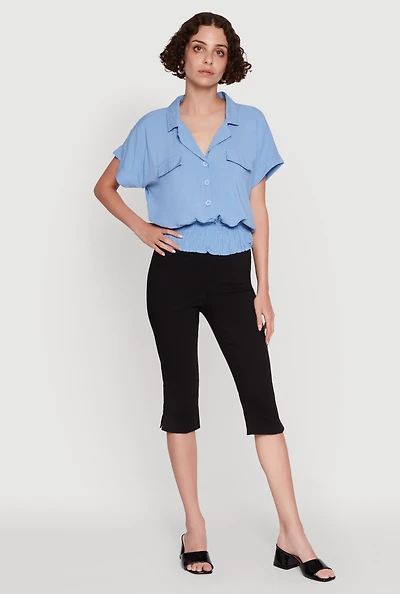 Womens Trendy Button Front Smocked Waist Blouse,