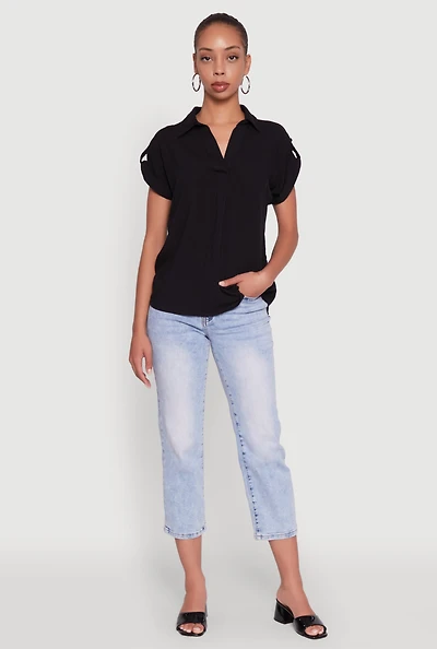 Womens Trendy Tabbed Short Sleeve Collared Blouse, Black, Size S