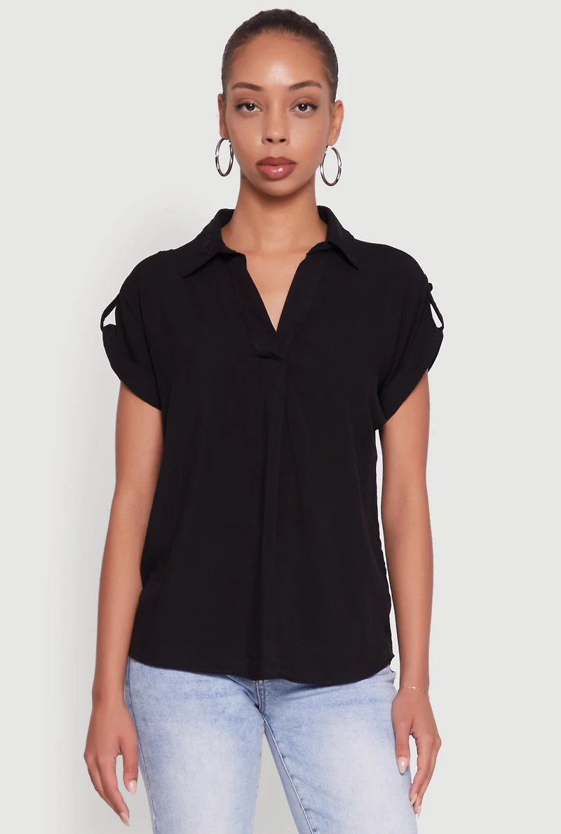 Womens Trendy Tabbed Short Sleeve Collared Blouse, Black, Size S