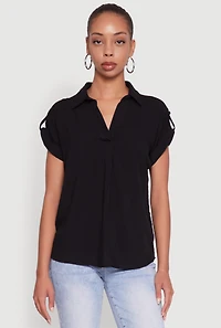 Womens Trendy Tabbed Short Sleeve Collared Blouse, Black, Size S