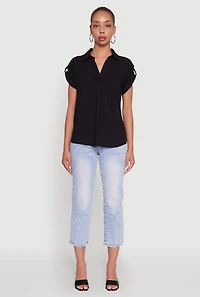 Womens Trendy Tabbed Short Sleeve Collared Blouse, Black, Size S