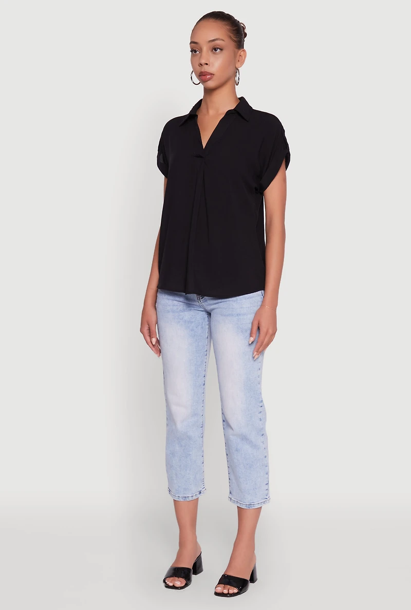 Womens Trendy Tabbed Short Sleeve Collared Blouse, Black, Size S