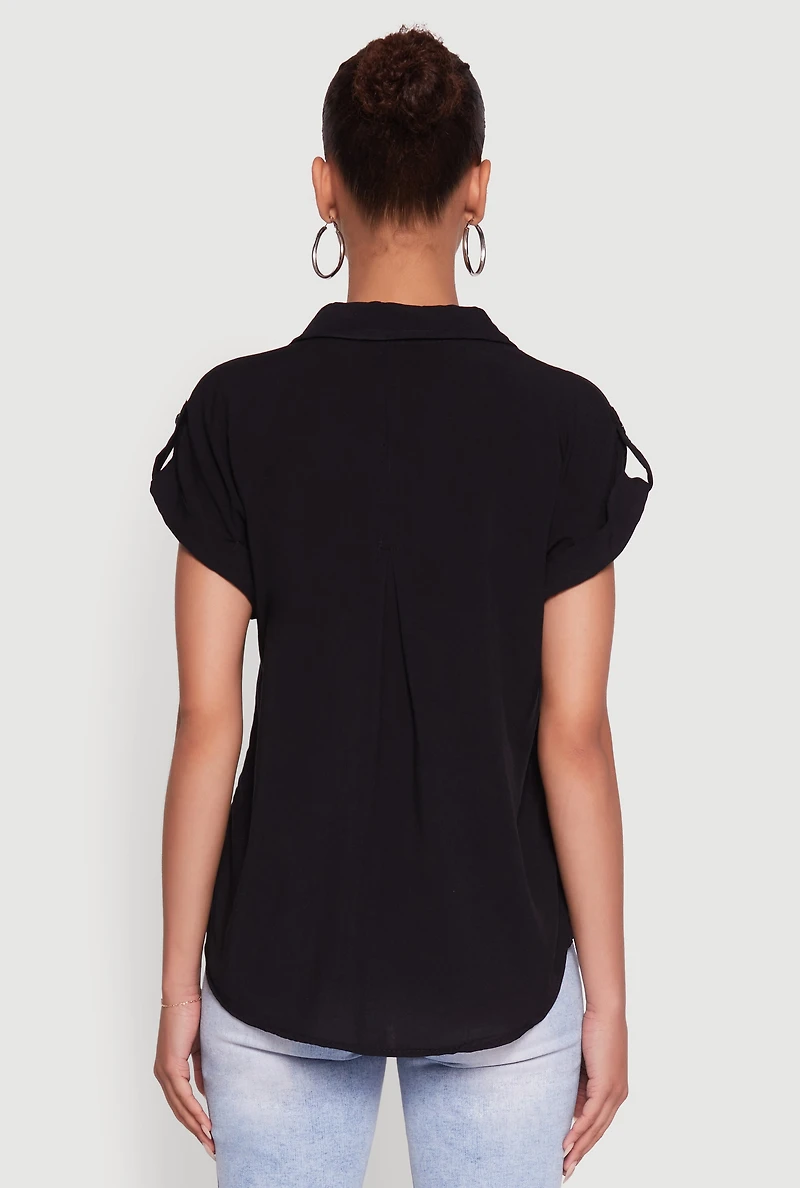 Womens Trendy Tabbed Short Sleeve Collared Blouse, Black, Size M