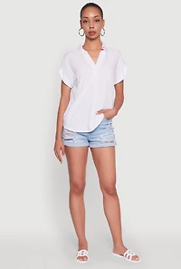 Womens Trendy Tabbed Short Sleeve Collared Blouse, White, Size XL