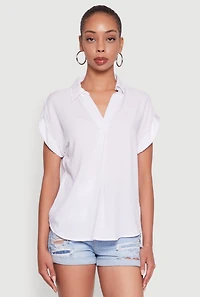 Womens Trendy Tabbed Short Sleeve Collared Blouse, White, Size XL