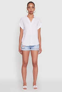 Womens Trendy Tabbed Short Sleeve Collared Blouse, White, Size XL