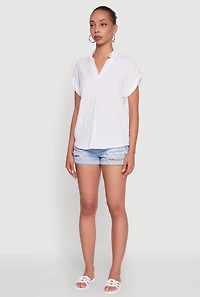 Womens Trendy Tabbed Short Sleeve Collared Blouse, White, Size XL