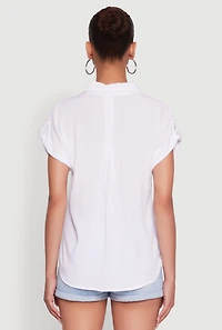 Womens Trendy Tabbed Short Sleeve Collared Blouse, White, Size XL